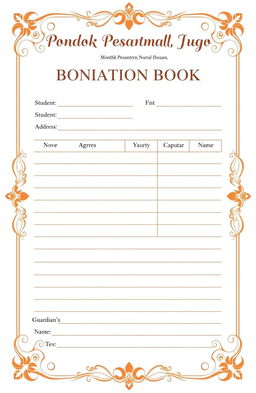 Monthly donation book for Pondok Pesantren Nurul Ihsan Jugo, featuring a section for name, student identification number (NIS), address, and guardian's name