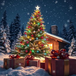 A festive, magical winter scene showcasing a beautifully decorated Christmas tree adorned with colorful lights and ornaments, surrounded by gently falling snowflakes