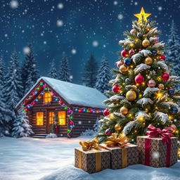 A festive, magical winter scene showcasing a beautifully decorated Christmas tree adorned with colorful lights and ornaments, surrounded by gently falling snowflakes