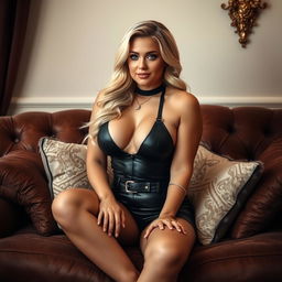 A cozy, intimate portrait of a curvy blonde dominatrix with average breasts, sitting confidently on a lush, opulent sofa