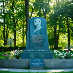 A beautiful outdoor monument dedicated to Belarusian poet Frantisek Bogushkevich, set in a lush green park