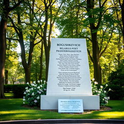 A beautiful outdoor monument dedicated to Belarusian poet Frantisek Bogushkevich, set in a lush green park