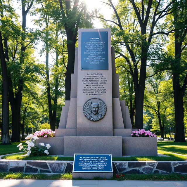 A beautiful outdoor monument dedicated to Belarusian poet Frantisek Bogushkevich, set in a lush green park