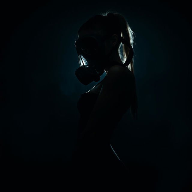 A slim figure of a girl wearing a full face gas mask, her posture is confident and poised, shrouded in darkness, creating a mysterious atmosphere