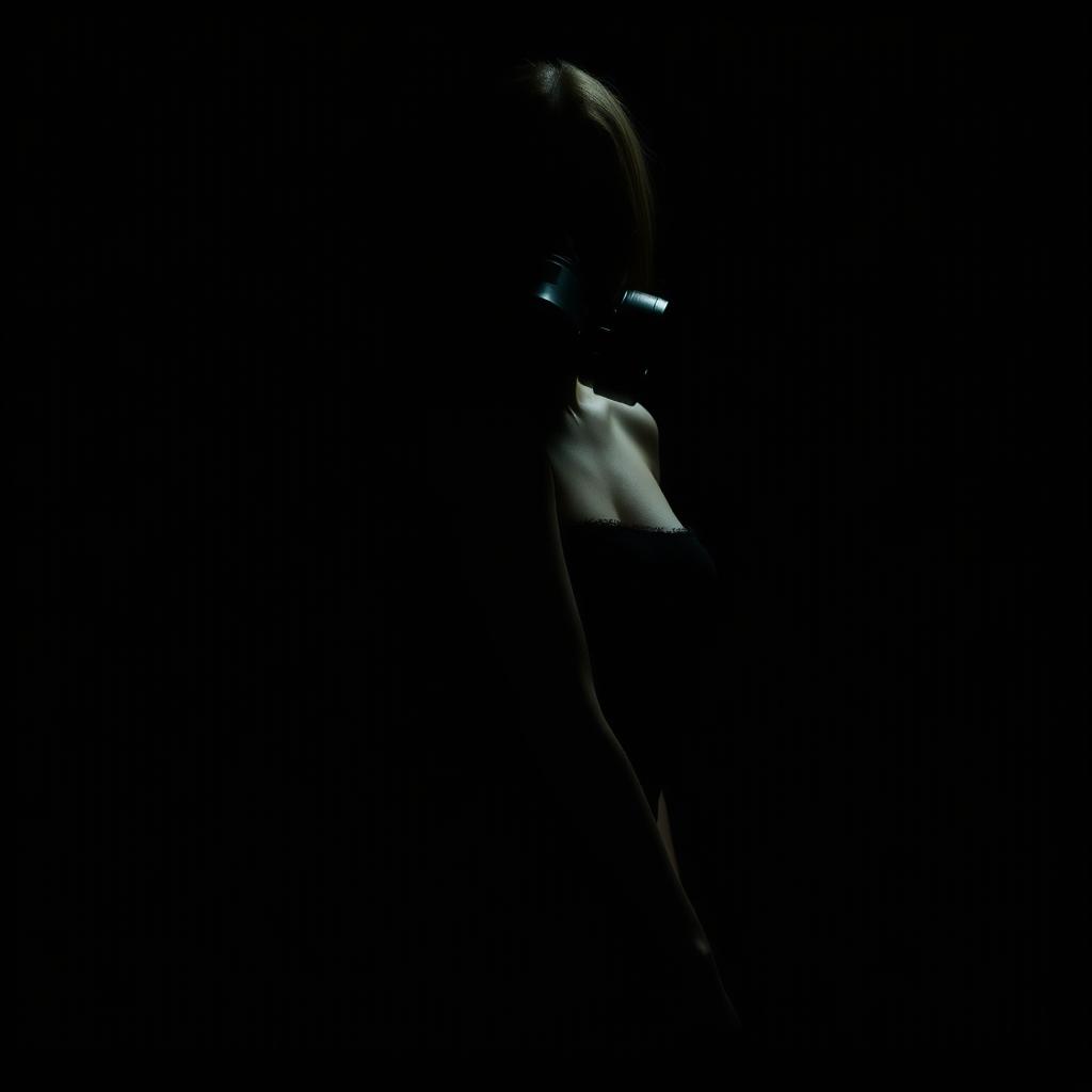 A slim figure of a girl wearing a full face gas mask, her posture is confident and poised, shrouded in darkness, creating a mysterious atmosphere