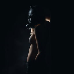 A slim figure of a girl wearing a full face gas mask, her posture is confident and poised, shrouded in darkness, creating a mysterious atmosphere