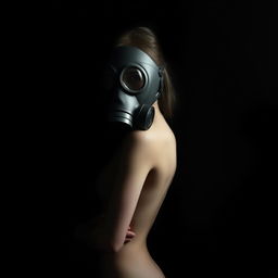 A slim figure of a girl wearing a full face gas mask, her posture is confident and poised, shrouded in darkness, creating a mysterious atmosphere