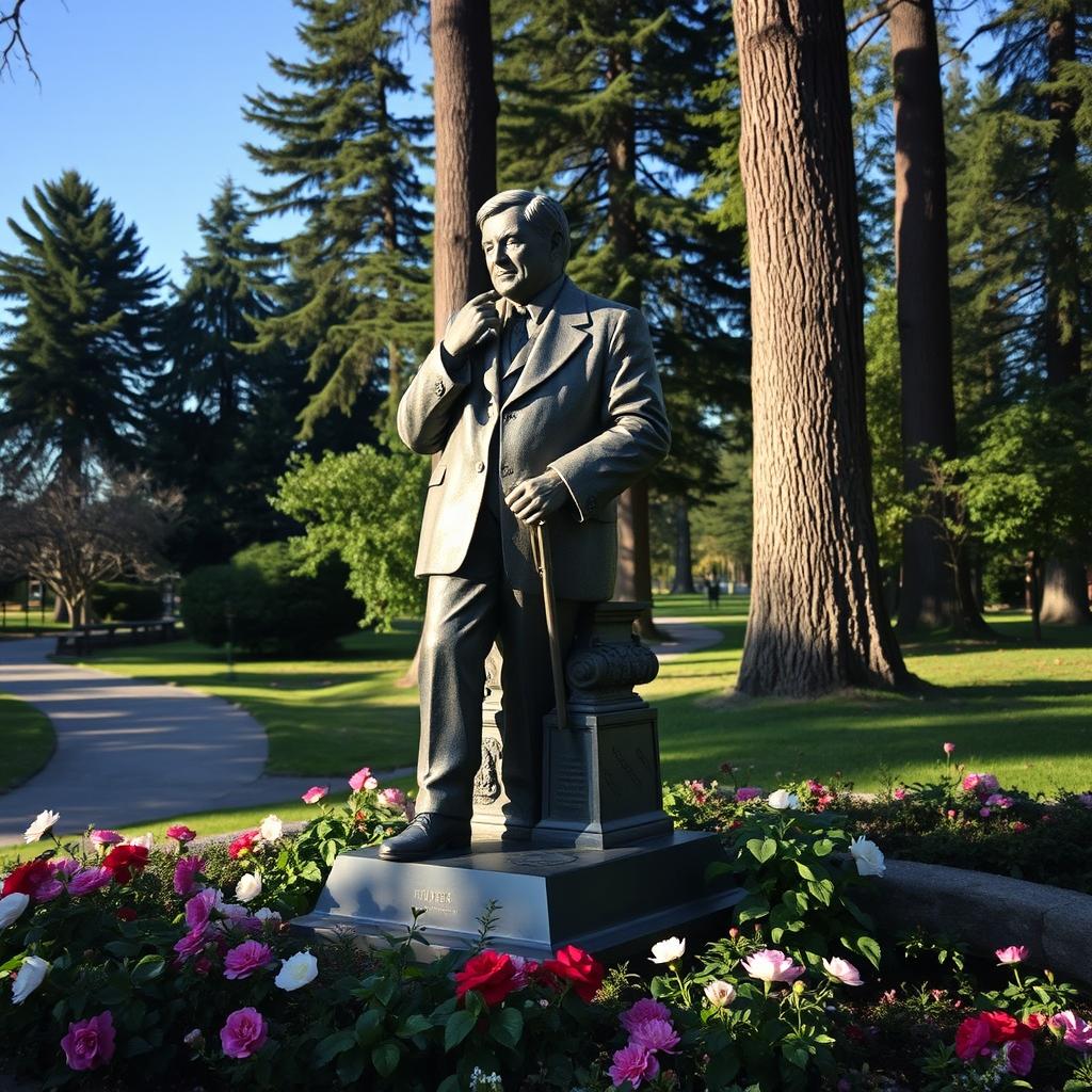 A beautiful and detailed sculpture of the Belarusian poet František Bohuškievich, set in a picturesque park