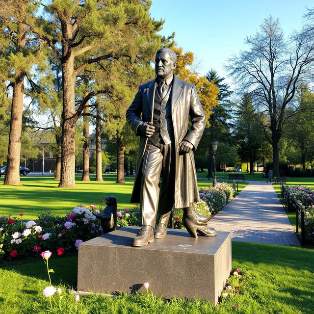 A beautiful and detailed sculpture of the Belarusian poet František Bohuškievich, set in a picturesque park