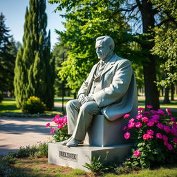 A beautiful and detailed sculpture of the Belarusian poet František Bohuškievich, set in a picturesque park