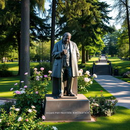 A beautiful and detailed sculpture of the Belarusian poet František Bohuškievich, set in a picturesque park