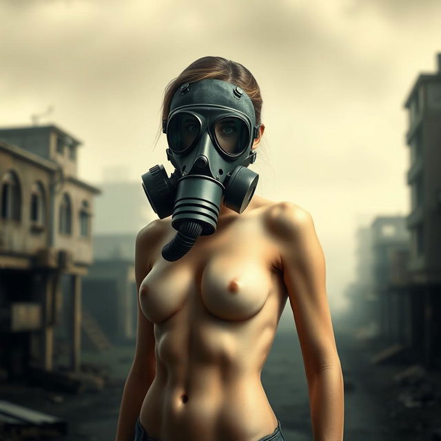 A slim, artistic rendering of a female figure with a full-face gas mask, standing confidently