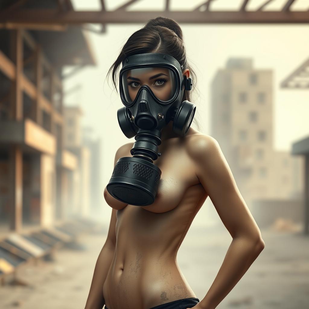 A slim, artistic rendering of a female figure with a full-face gas mask, standing confidently