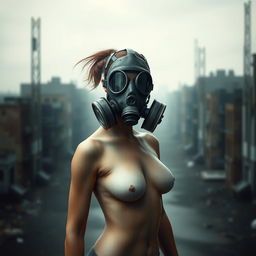 A slim, artistic rendering of a female figure with a full-face gas mask, standing confidently