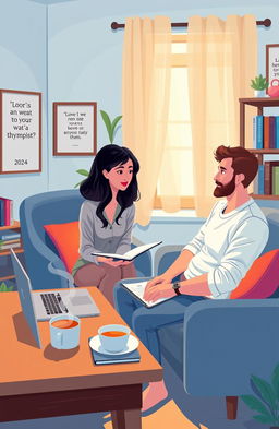 A visually engaging illustration depicting a modern psychology session taking place in a cozy, warmly lit therapist's office in 2024