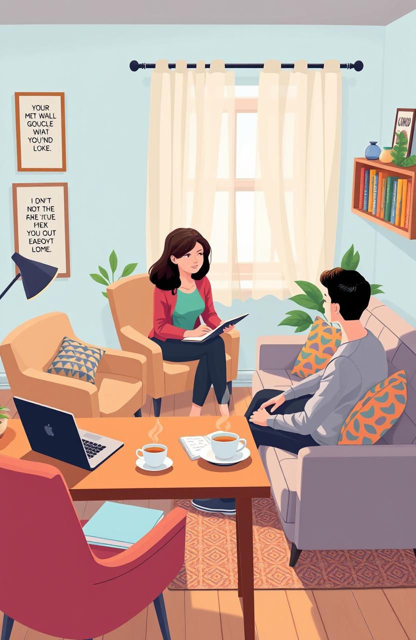 A visually engaging illustration depicting a modern psychology session taking place in a cozy, warmly lit therapist's office in 2024