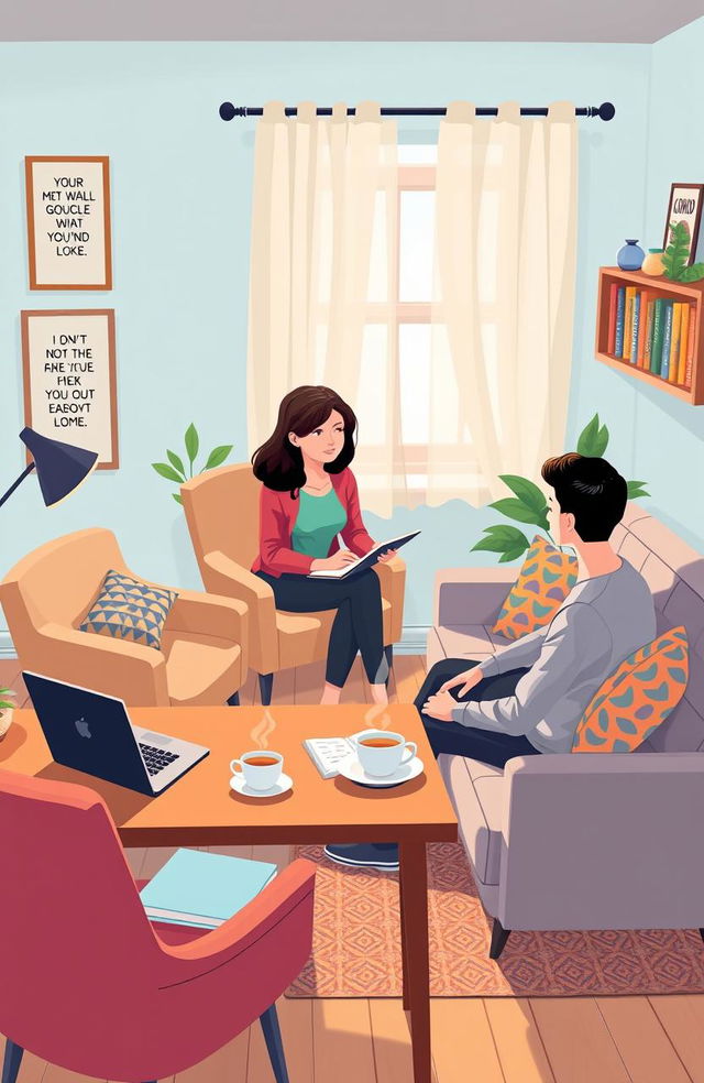 A visually engaging illustration depicting a modern psychology session taking place in a cozy, warmly lit therapist's office in 2024