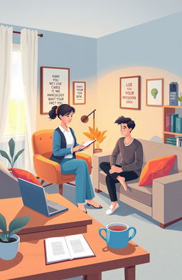 A visually engaging illustration depicting a modern psychology session taking place in a cozy, warmly lit therapist's office in 2024