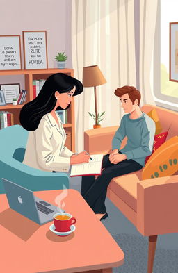 A visually engaging illustration depicting a modern psychology session taking place in a cozy, warmly lit therapist's office in 2024