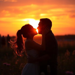 A romantic scene featuring a couple kissing passionately under a sunset sky, their silhouettes highlighted against the vibrant colors of the setting sun