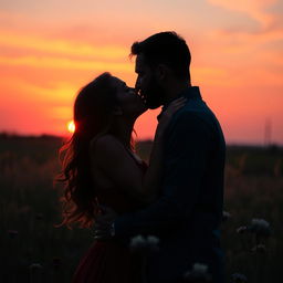 A romantic scene featuring a couple kissing passionately under a sunset sky, their silhouettes highlighted against the vibrant colors of the setting sun