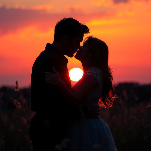 A romantic scene featuring a couple kissing passionately under a sunset sky, their silhouettes highlighted against the vibrant colors of the setting sun