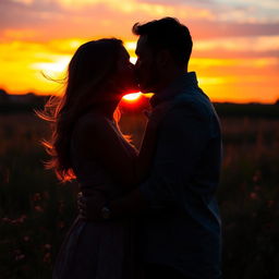 A romantic scene featuring a couple kissing passionately under a sunset sky, their silhouettes highlighted against the vibrant colors of the setting sun