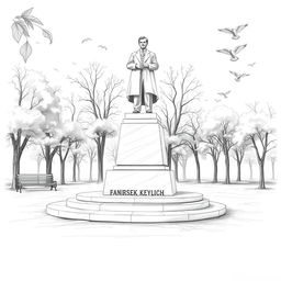 A beautiful monochrome pencil sketch of a monument dedicated to the Belarusian poet Frantisek Bogushkevich
