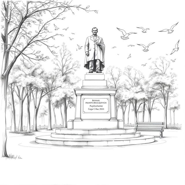 A beautiful monochrome pencil sketch of a monument dedicated to the Belarusian poet Frantisek Bogushkevich