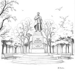A beautiful monochrome pencil sketch of a monument dedicated to the Belarusian poet Frantisek Bogushkevich