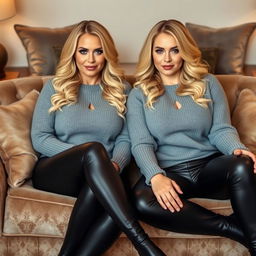A cozy, intimate portrait of twin curvy blonde dominatrixes with average breasts, sitting confidently on a lush, opulent sofa