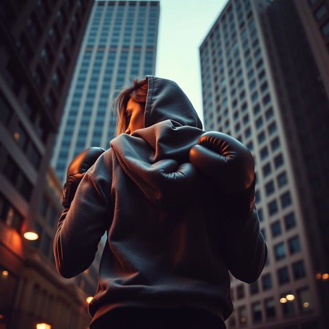 A woman with her head partially turned to the back, holding boxing gloves in both her right and left hands, wearing a hoodie that covers part of her hair