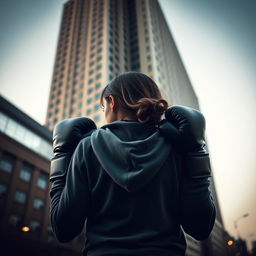 A woman with her head partially turned to the back, holding boxing gloves in both her right and left hands, wearing a hoodie that covers part of her hair