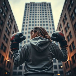 A woman with her head partially turned to the back, holding boxing gloves in both her right and left hands, wearing a hoodie that covers part of her hair