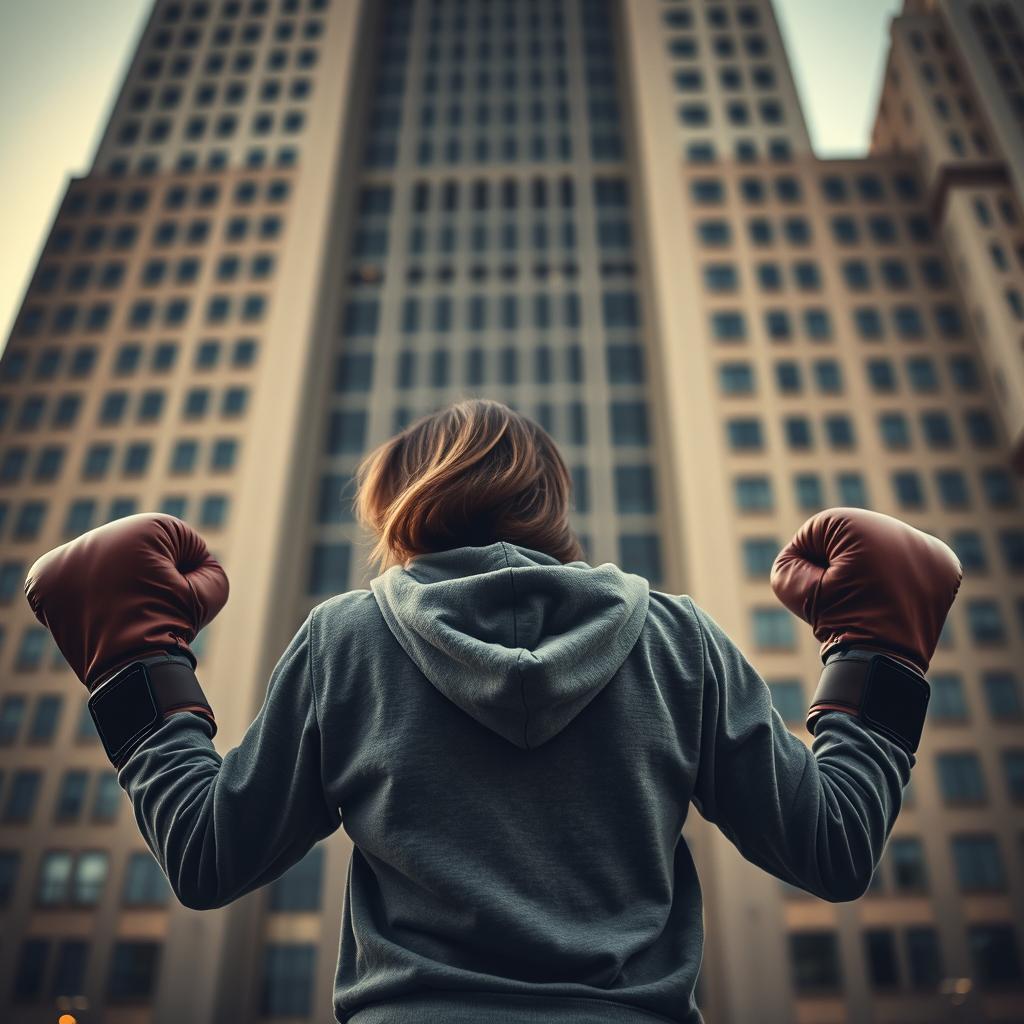 A woman with her head partially turned to the back, holding boxing gloves in both her right and left hands, wearing a hoodie that covers part of her hair