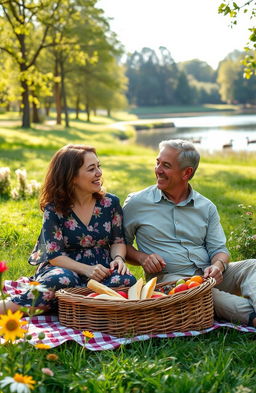 A warm and inviting scene of two mature adults enjoying a picnic in a beautiful park, radiating a sense of happiness and companionship