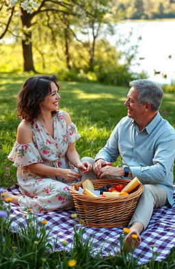 A warm and inviting scene of two mature adults enjoying a picnic in a beautiful park, radiating a sense of happiness and companionship