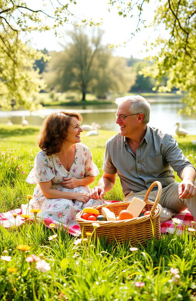 A warm and inviting scene of two mature adults enjoying a picnic in a beautiful park, radiating a sense of happiness and companionship