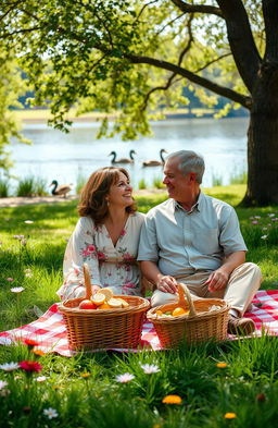 A warm and inviting scene of two mature adults enjoying a picnic in a beautiful park, radiating a sense of happiness and companionship