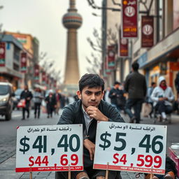 A young Iranian man sitting in mourning on a street in Tehran, visibly devastated