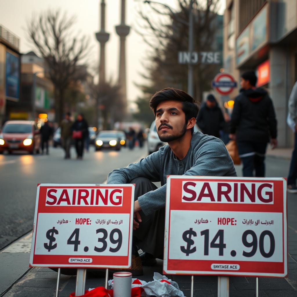 A young Iranian man sitting in mourning on a street in Tehran, visibly devastated