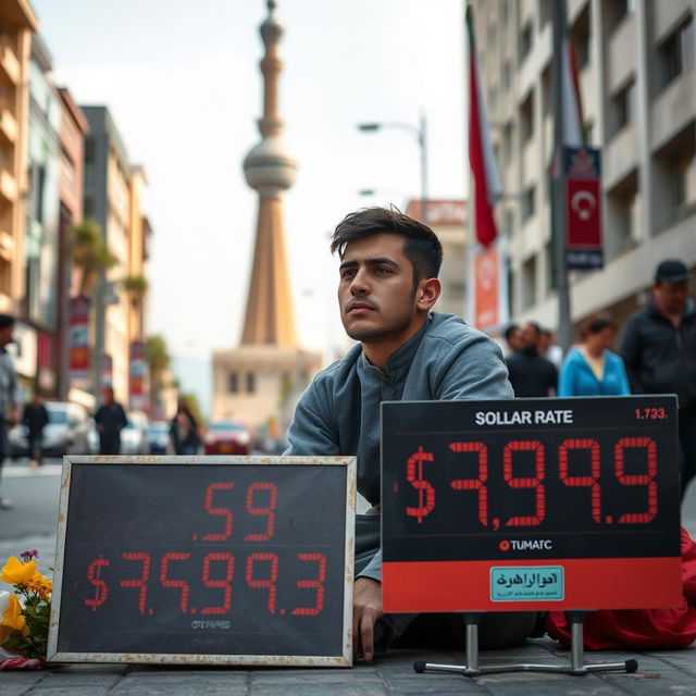 A young Iranian man sitting in mourning on a street in Tehran, visibly devastated