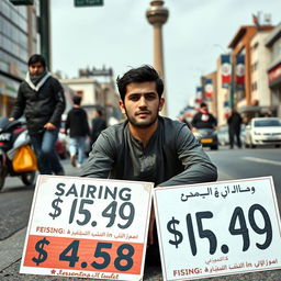 A young Iranian man sitting in mourning on a street in Tehran, visibly devastated