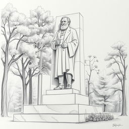 A beautifully detailed pencil drawing of the monument dedicated to the Belarusian poet Francišak Bahuševič