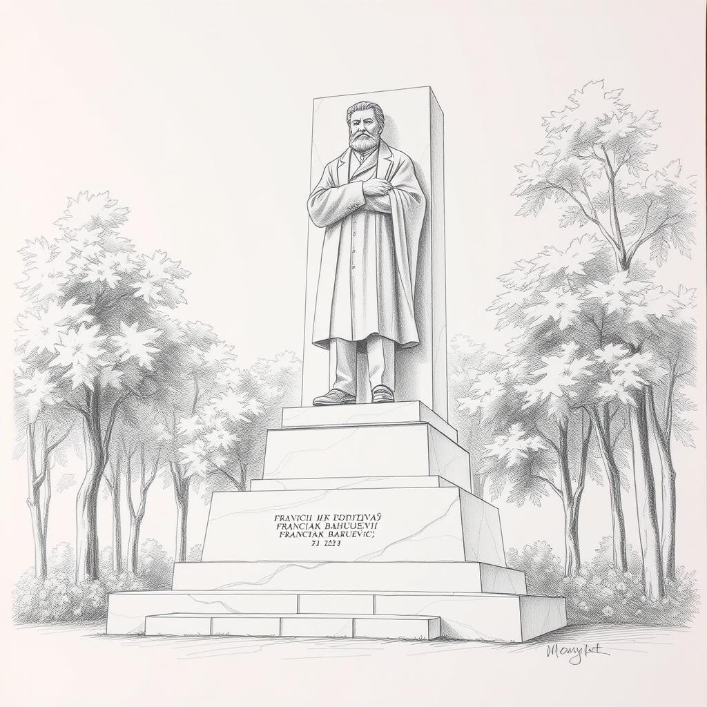 A beautifully detailed pencil drawing of the monument dedicated to the Belarusian poet Francišak Bahuševič