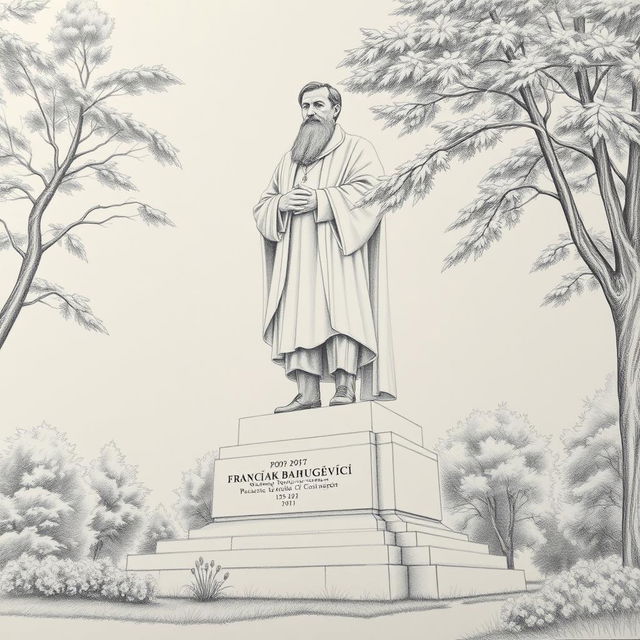 A beautifully detailed pencil drawing of the monument dedicated to the Belarusian poet Francišak Bahuševič