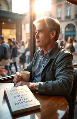 A thoughtful and introspective scene of a middle-aged person sitting alone at a café table, gazing out the window while reflecting on life after divorce
