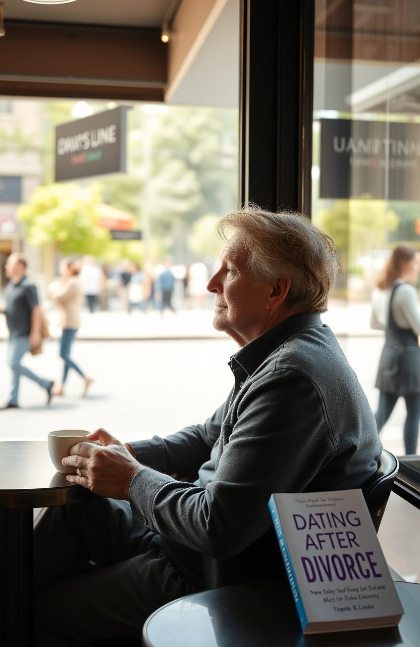A thoughtful and introspective scene of a middle-aged person sitting alone at a café table, gazing out the window while reflecting on life after divorce