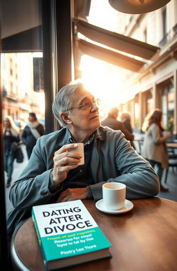 A thoughtful and introspective scene of a middle-aged person sitting alone at a café table, gazing out the window while reflecting on life after divorce