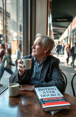 A thoughtful and introspective scene of a middle-aged person sitting alone at a café table, gazing out the window while reflecting on life after divorce